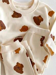 嬰兒女寶寶休閒魚和熊印花長袖運動衫和褲子套裝 - 杏色 - 查看 6