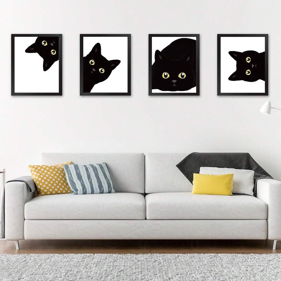 4入組黑貓藝術壁畫可愛動物帆布藝術裝飾美學牆飾,適用於家庭辦公室學校畫廊客廳臥室無框 - 黑與白 - 查看 1