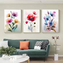 3pcs Modern Wildflower Plant Poster, Watercolor Oil Painting, Artistic Wall Picture For Living Room And Bedroom Home Decor (Frameless) - Apricot - View 1