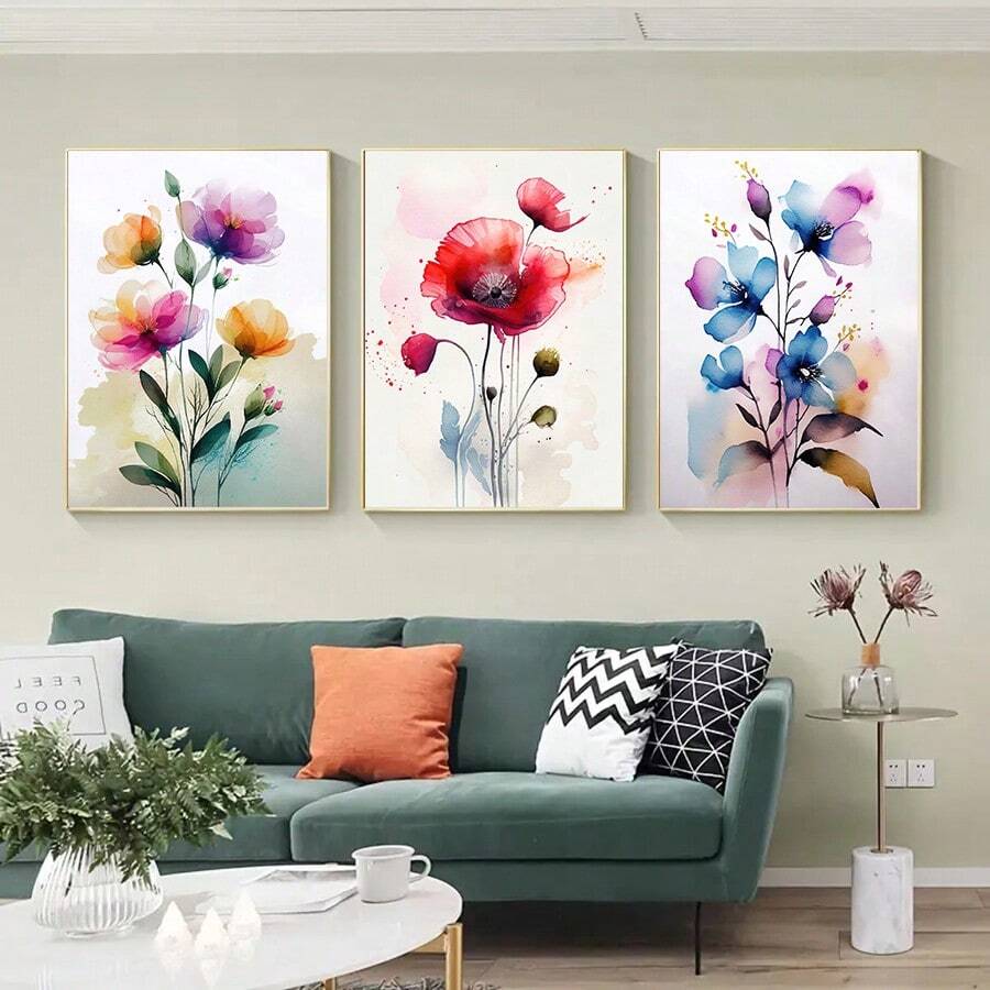 3pcs Modern Wildflower Plant Poster, Watercolor Oil Painting, Artistic Wall Picture For Living Room And Bedroom Home Decor (Frameless) - Apricot - View 1