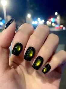 24pcs Short Square Vintage Amber Gold Wide Cat Eye Nail Tips With 1pc Nail File And 1pc Jelly Gel Slice - Mint Green - View 2