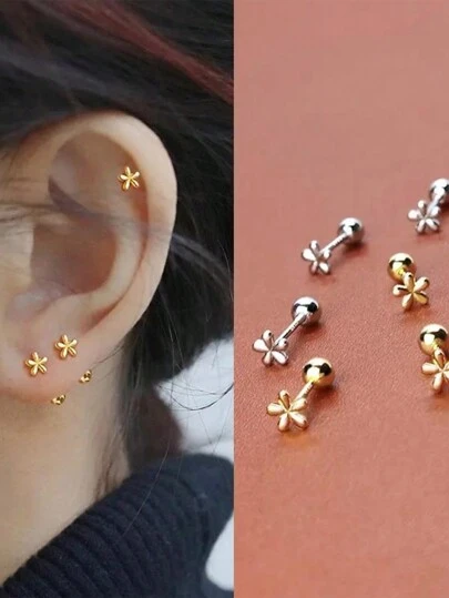 2 Pcs New Simple Stainless Steel Golden Flower Small Stud Earring For Women Girl Teen Tiny Screw Back Piercing Accessories
