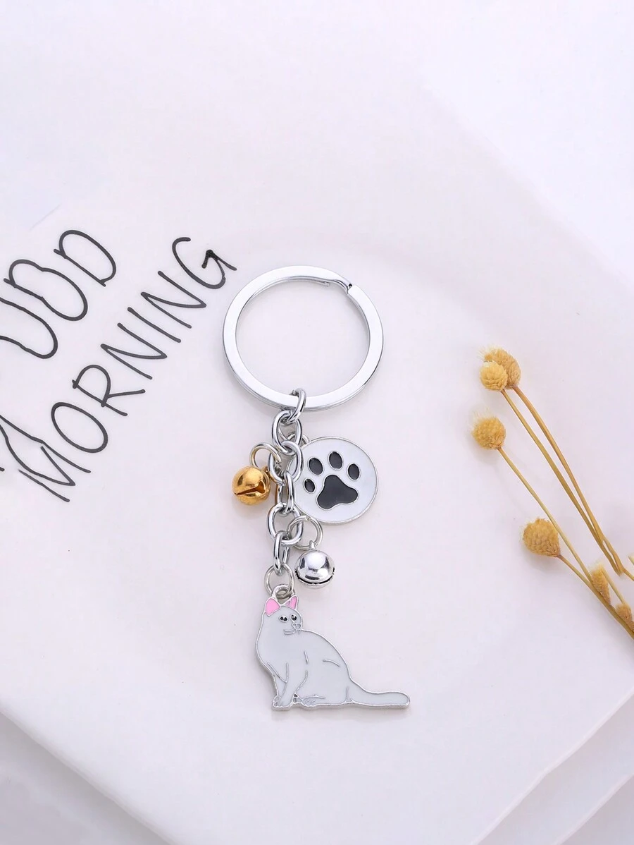 1 件金屬可愛卡通貓鑰匙圈幸運寵物袋掛件時尚汽車鑰匙圈最好朋友的禮物 - 白色 - 查看 1