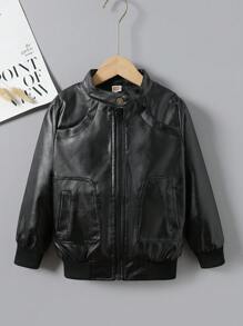 Tween Boy Stand Collar PU Leather Motorcycle Jacket