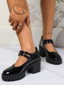 女性新款圓頭粗跟真皮鞋,高跟模特培訓表演鞋 - 黑色 - 查看 5