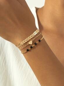 3入組波西米亞風格金屬心形和飛機形鍊式手鐲 - 金黃色 - 查看 1