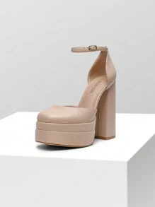 Women High Chunky Platform Closed Toe Block Heels Square Toe Ankle Strap Dress Wedding Party Festival Prom Pumps Shoes - 杏色 - 查看 7
