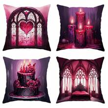 4入組情人節紅色紫色房間心形蠟燭蛋糕扔枕套,情人節哥特式扔枕套,45×45cm/18"×18"的天鵝絨裝飾墊套,適用於情人節聚會客廳臥室沙發床裝飾禮物 - 中紫紅色 - 查看 1