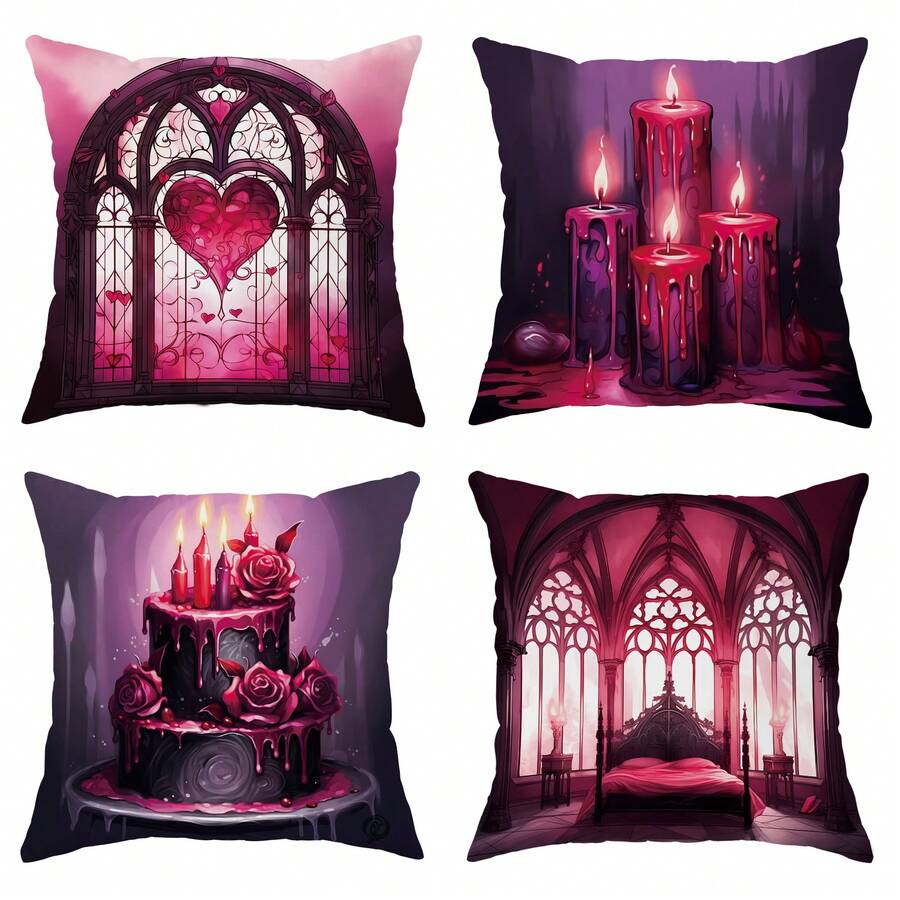 4入組情人節紅色紫色房間心形蠟燭蛋糕扔枕套,情人節哥特式扔枕套,45×45cm/18"×18"的天鵝絨裝飾墊套,適用於情人節聚會客廳臥室沙發床裝飾禮物 - 中紫紅色 - 查看 1