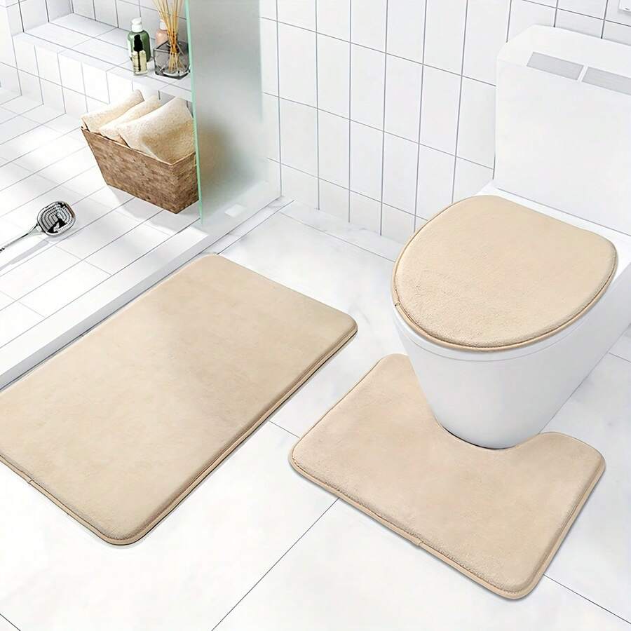 3pcs Solid Color Soft Resilient Memory Sponge Water Absorbing Anti-Slip Bathroom Floor Mat Set - Camel - View 1