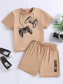 Ensemble de 2 pièces pour garçon pré-adolescent avec Haut imprimé à manches courtes console de jeu et short imprimé avec des lettres