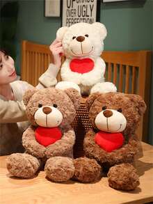 可愛的泰迪熊毛絨玩具娃娃心形枕頭墊，是生日/母親節送女友或母親的理想禮物 - 棕色 - 查看 4