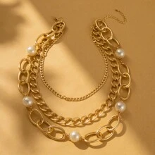 1pc European And American Style Fashionable Simple Three-Layer Aluminum Chain Necklace With Faux Pearl And Street Style Layers, Suitable For Any Outfit - Gold - View 5