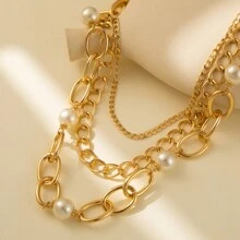 1pc European And American Style Fashionable Simple Three-Layer Aluminum Chain Necklace With Faux Pearl And Street Style Layers, Suitable For Any Outfit - Gold - View 3