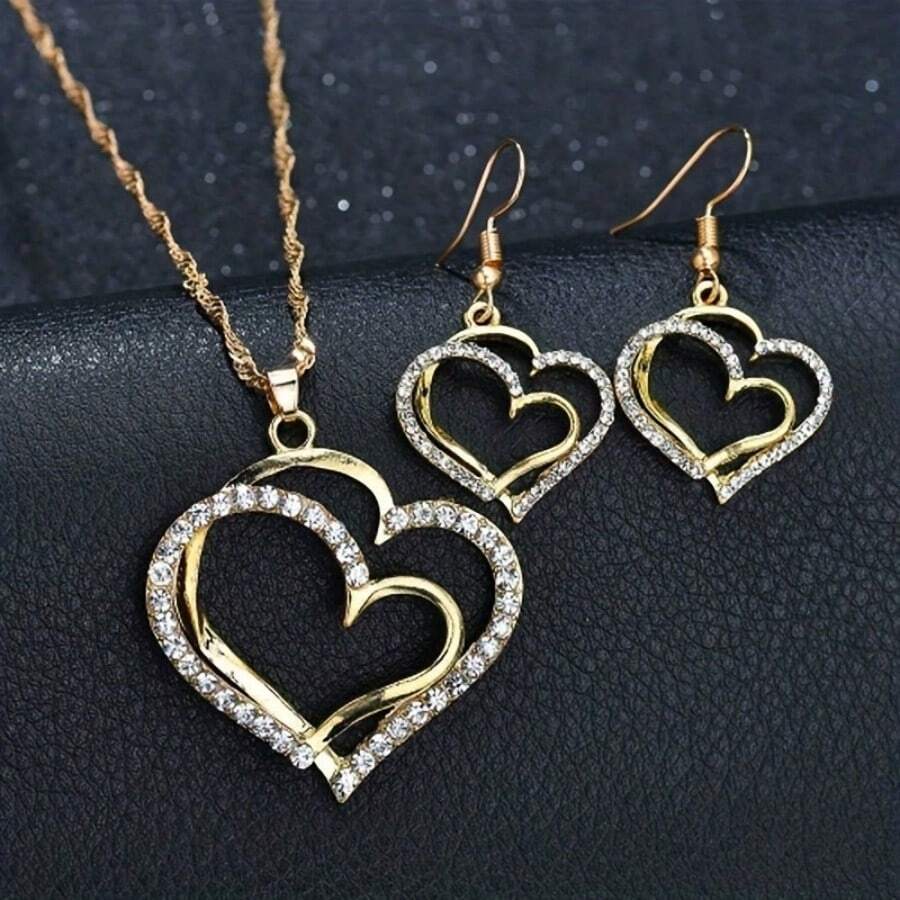 European And American Popular Style Jewelry Set For Evening Party Or Wedding, Double Heart Earrings And Necklace Set - Gold Three Piece Set - View 1