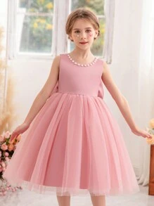 Young Girl's Pearl Decor Bow Back Deep V Valentine's Day Party Princess Dress, Suitable For Girls' Birthday Party, Valentine's Day Gift, Prom, Festival Celebration, Wedding Flower Girl, Stage Performance Costume