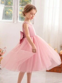 Young Girl's Pearl Decor Bow Back Deep V Valentine's Day Party Princess Dress, Suitable For Girls' Birthday Party, Valentine's Day Gift, Prom, Festival Celebration, Wedding Flower Girl, Stage Performance Costume