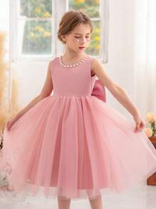 Young Girl's Pearl Decor Bow Back Deep V Valentine's Day Party Princess Dress, Suitable For Girls' Birthday Party, Valentine's Day Gift, Prom, Festival Celebration, Wedding Flower Girl, Stage Performance Costume