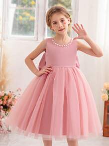 Young Girl's Pearl Decor Bow Back Deep V Valentine's Day Party Princess Dress, Suitable For Girls' Birthday Party, Valentine's Day Gift, Prom, Festival Celebration, Wedding Flower Girl, Stage Performance Costume