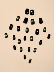 24pcs Short Square Vintage Amber Gold Wide Cat Eye Nail Tips With 1pc Nail File And 1pc Jelly Gel Slice - Mint Green - View 4