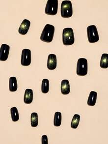 24pcs Short Square Vintage Amber Gold Wide Cat Eye Nail Tips With 1pc Nail File And 1pc Jelly Gel Slice - Mint Green - View 5