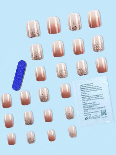 24 個の短い長方形の形のオンブル半透明ゼリー ピンク ファッション グリッター ネイル アート セット、パーティーや普段着に最適なプレスオンネイル付き