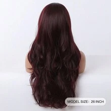 惊艳酒红色性感浪漫长波浪发 26 英寸中分合成假发，适合女性日常使用派对度假节日自然简约休闲万圣节圣诞节角色扮演耐热假发 - 酒紅色 - 查看 5