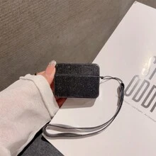 1pc Black Glitter Skin Silicone Earphone Case Compatible With Airpods 1 2 3 Pro, Full Protective Cover With Lanyard, Without Earphones - Black - View 4