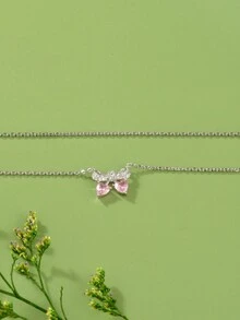 1條流行時尚,豪華925白金鍍銀粉紅心形立方氧化鋯鑲飾蝴蝶結吊墜項鍊,適合女性日常佩戴、假日派對、浪漫禮物、家庭禮物、最好的朋友禮物。 - 彩色 - 查看 3