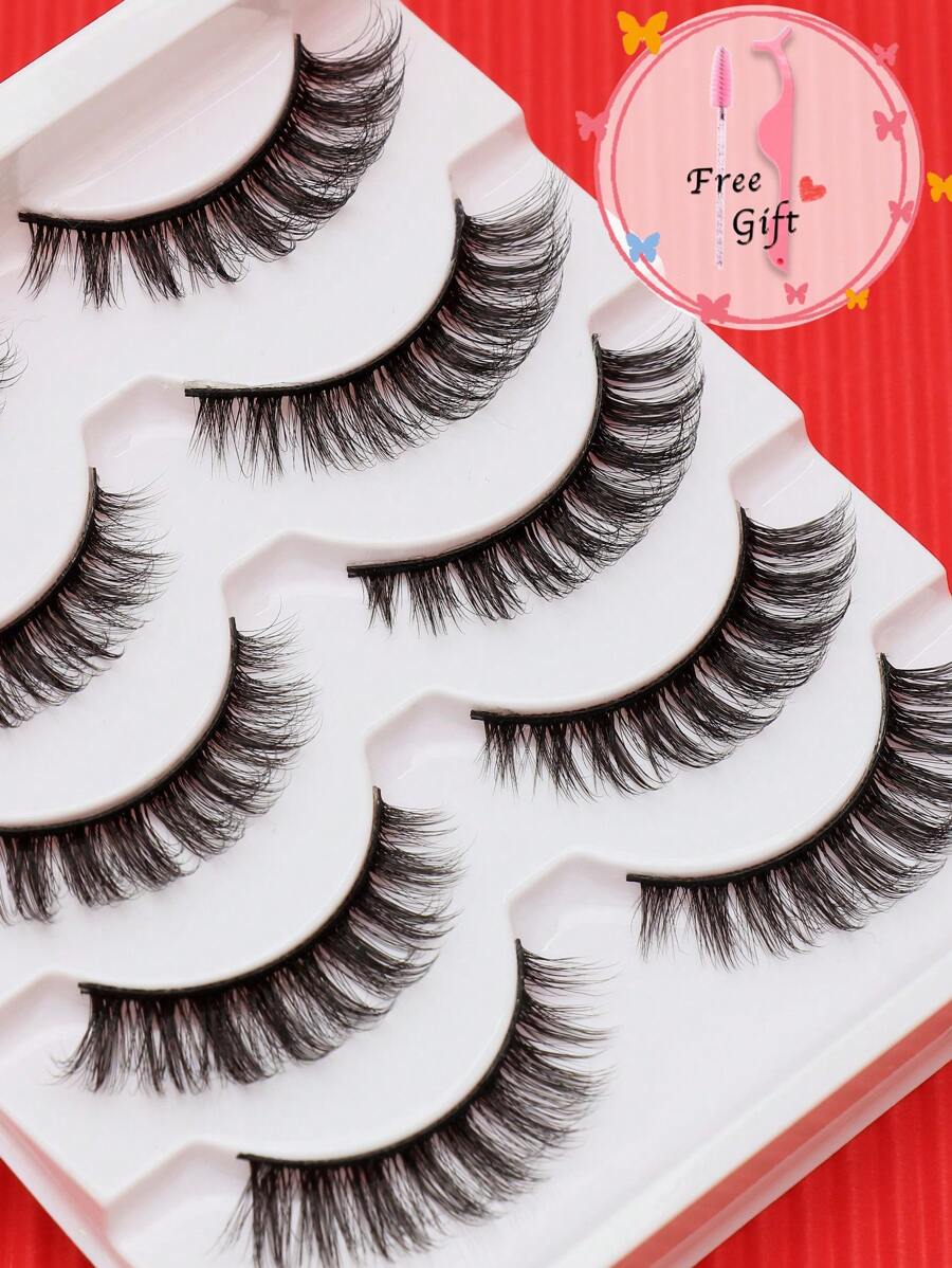 5 对自然假睫毛蓬松柔软戏剧性 3D 貂皮睫毛纤长纤细睫毛多层睫毛短而浓密的假睫毛延长散装化妆品婚礼派对和俱乐部日常工作会议自然假睫毛佩戴舒适带状睫毛手工制作上睫毛翼状眼尾加长睫毛自然逼真睫毛全条睫毛持久浓密流行化妆美容工具全假睫毛睫毛延长套装 - 黑色 - 查看 1