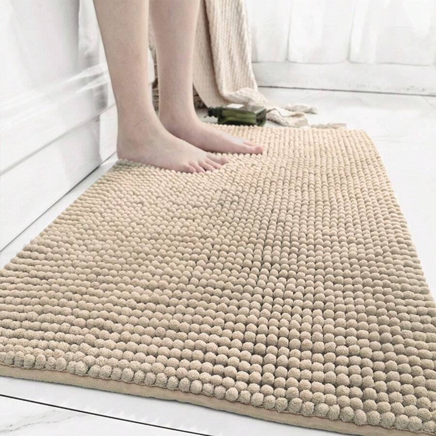 1pc Rectangular Solid Color Mat, Minimalist Chenille Non-Slip Absorbent Bathroom Rug Carpet, Suitable For Bedroom, Bathroom, Living Room - Khaki - View 1