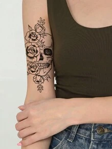 暫時性刺青,1入組防水骷髏玫瑰暫時性刺青貼紙,身體藝術水轉印一次性假刺青貼紙,適用於男女和女孩,完美適用於萬聖節身體裝飾 - 黑色 - 查看 2