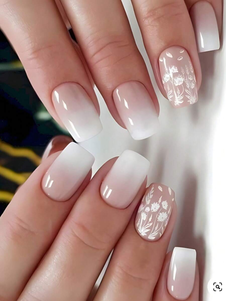 24 件长方形粉色渐变假指甲时尚画莲花芯设计美甲套装长压指甲适合派对、舞会或日常佩戴 - 彩色 - 查看 1