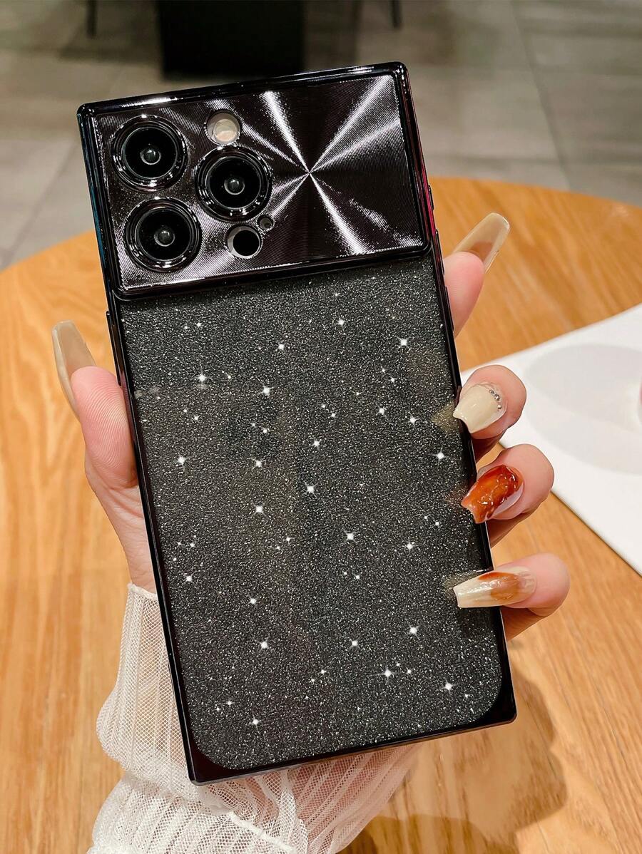 1個新款帶電鍍閃粉、cd圖案和固體角落和保護功能的透明軟式手機殼 - 黑色 - 查看 1