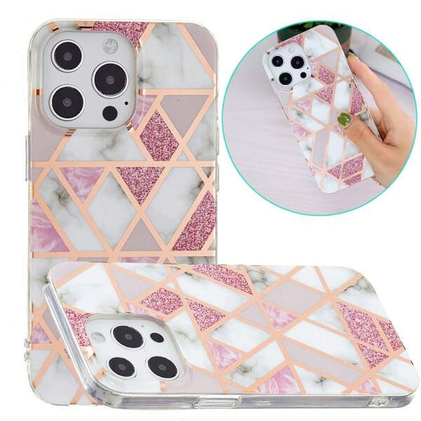 Rose Gold Plating Marble Armor Phone Case With Pink Triangle Design