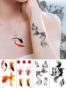 4 Piezas/set Tatuajes Temporales A Prueba De Agua Con Estampado De Pez Dorado, Constelación De Piscis Y Flor - Negro - Ver 1