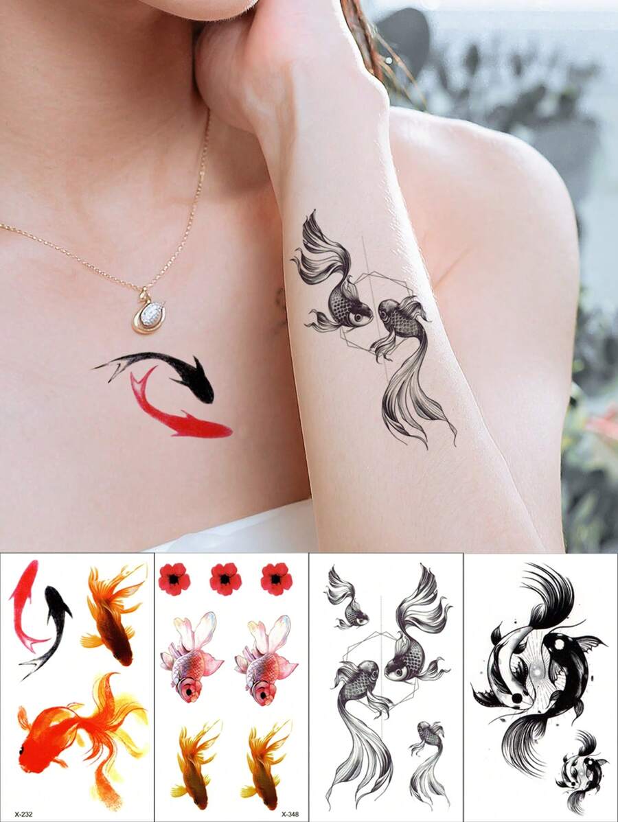 4 Piezas/set Tatuajes Temporales A Prueba De Agua Con Estampado De Pez Dorado, Constelación De Piscis Y Flor - Negro - Ver 1