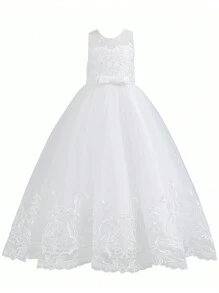 Girls White Lace Flower Girl Dress, Children Wedding Bridesmaid Birthday Party Holiday Formal Gown, Princess Prom Dress, Graduation, Christmas