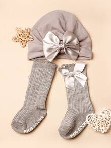 1pc Warm Baby Hat And 1 Pair Of Gray Over Knee Socks Suitable For 0-1 Year Old - Grey - View 3