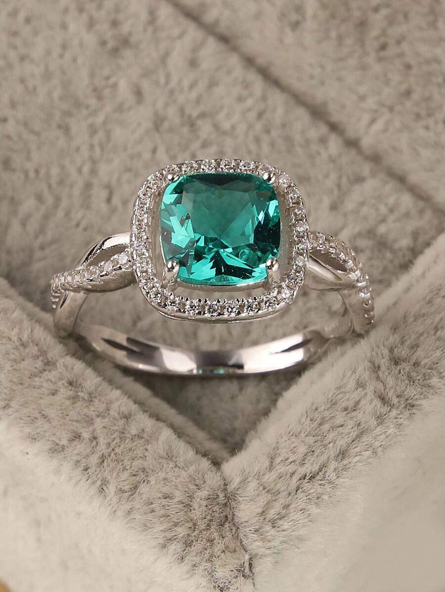 1入組魅力四射方晶鋯石方形裝飾銀圓環適合女士適用於訂婚禮物 - 綠色 - 查看 1