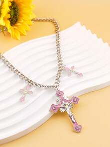 1pc Cross Pendant Necklace, European And American Style Cool & Sweet Design Metallic Collarbone Chain Accessory - Pink - View 4