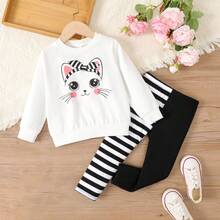 PatPat 2pcs Toddler Girl Cat Pattern Fabric Stitching Design Set - Black and White - View 1