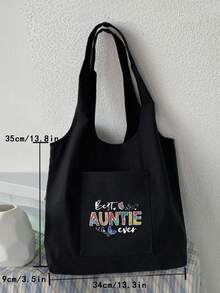 新款最佳阿姨图案手提包，简约风格单肩包，女式字母印花手提包，帆布单肩包，大容量购物袋，必备包，适合职业女性、女士和女孩，可作为送给阿姨、姐妹和朋友的礼物。 - 黑色 - 查看 4
