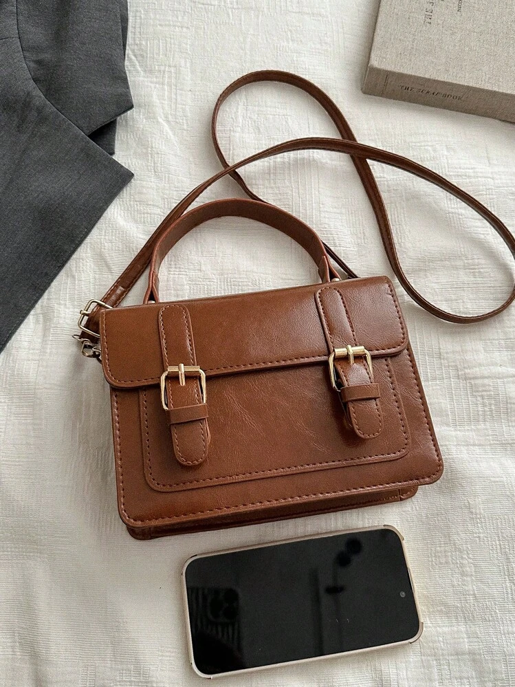Mini Handbag Double Belt Buckle Retro Casual Handbag Women Bag Cross Shoulder Bag SHEIN USA