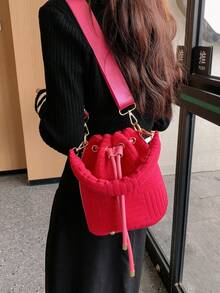 1pc 2023 New Bag Women's Fashion Plush Bucket Bag Versatile Shoulder Crossbody Handheld Women's Bag - Hot Pink - View 3