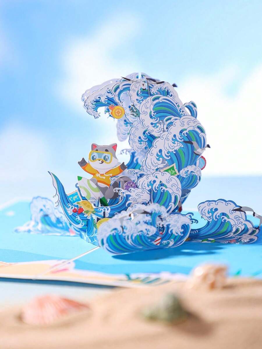 1pc Surfing Raccoon 3D Pop-Up Card, Raccoon Pattern Greeting Card, Handmade Pop Up Cards, Birthday Greeting Card, Birthday Gift, Funny Raccoon Pattern - Blue - View 1