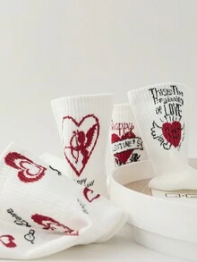 1包5對情侶款心形圖案時尚中筒襪，男女通用 - 彩色 - 查看 6