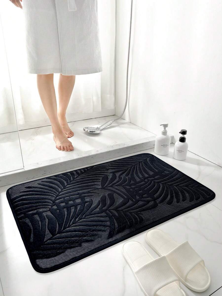 1pc Modern Style Leaf Pattern Carpet, Polyester Rectangle Water Absorption Floor Mat For Living Room Home Decoration Home Bathroom Decor Bath Rug Outdoor Rug Door Mat Fall Decor Bathroom Accessories Back To School Entryway Decor - Black - View 1