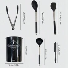 16pcs/Set, Silicone Kitchen Utensils Set With Stainless Steel Handle, Non-Stick Pot Special Cooking Tools Set With Storage Bucket, Multipurpose Kitchenware, Heat Resistant Cookware, , Kitchen Supplies, Kitchen Gadgets - Black - View 6