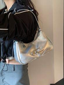 Fashionable Versatile Solid Color Shoulder Bag, Suitable For Daily Matching - Silver - View 6